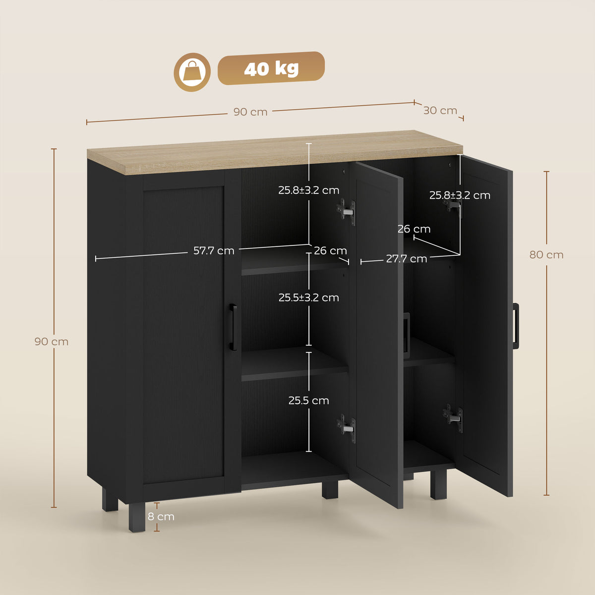 Sideboard Buffet Cabinet, Kitchen Storage Cabinet with 3 Doors and Adjustable Shelves for Living Room, Kitchen, Black
