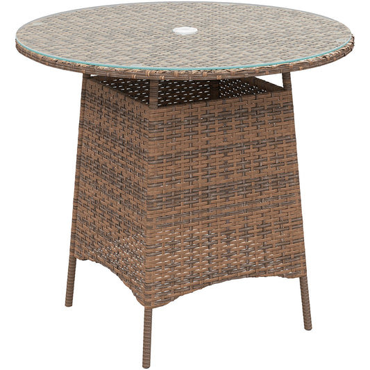Wicker Garden Rattan Table, Patio Furniture Outdoor Coffee Table with Umbrella Hole and Tempered Glass Top