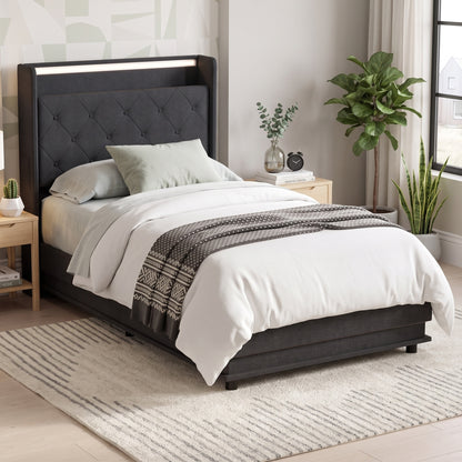 3ft Single Bed Frame with Headboard, Platform Bed Frame with Hydraulic Storage, LED Lights and Charging Station, Black