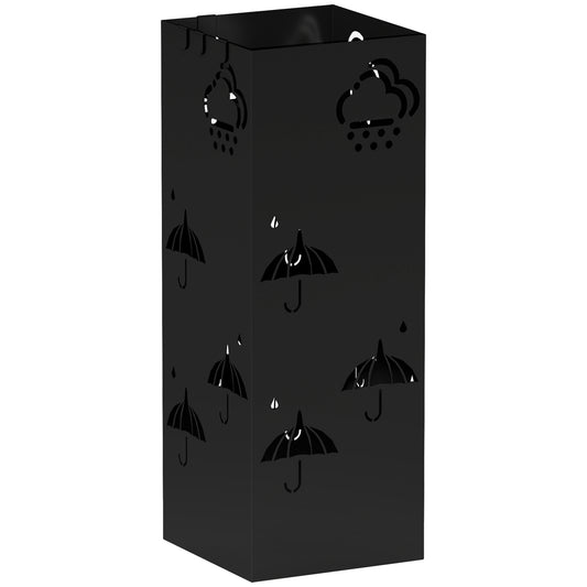 Metal Umbrella Stand, Square Umbrella Holder with Removable Drip Tray and 4 Hooks, Decorative Umbrella Storage Rack for Hallway, Entryway, 15.5 x 15.5 x 41 cm, Black