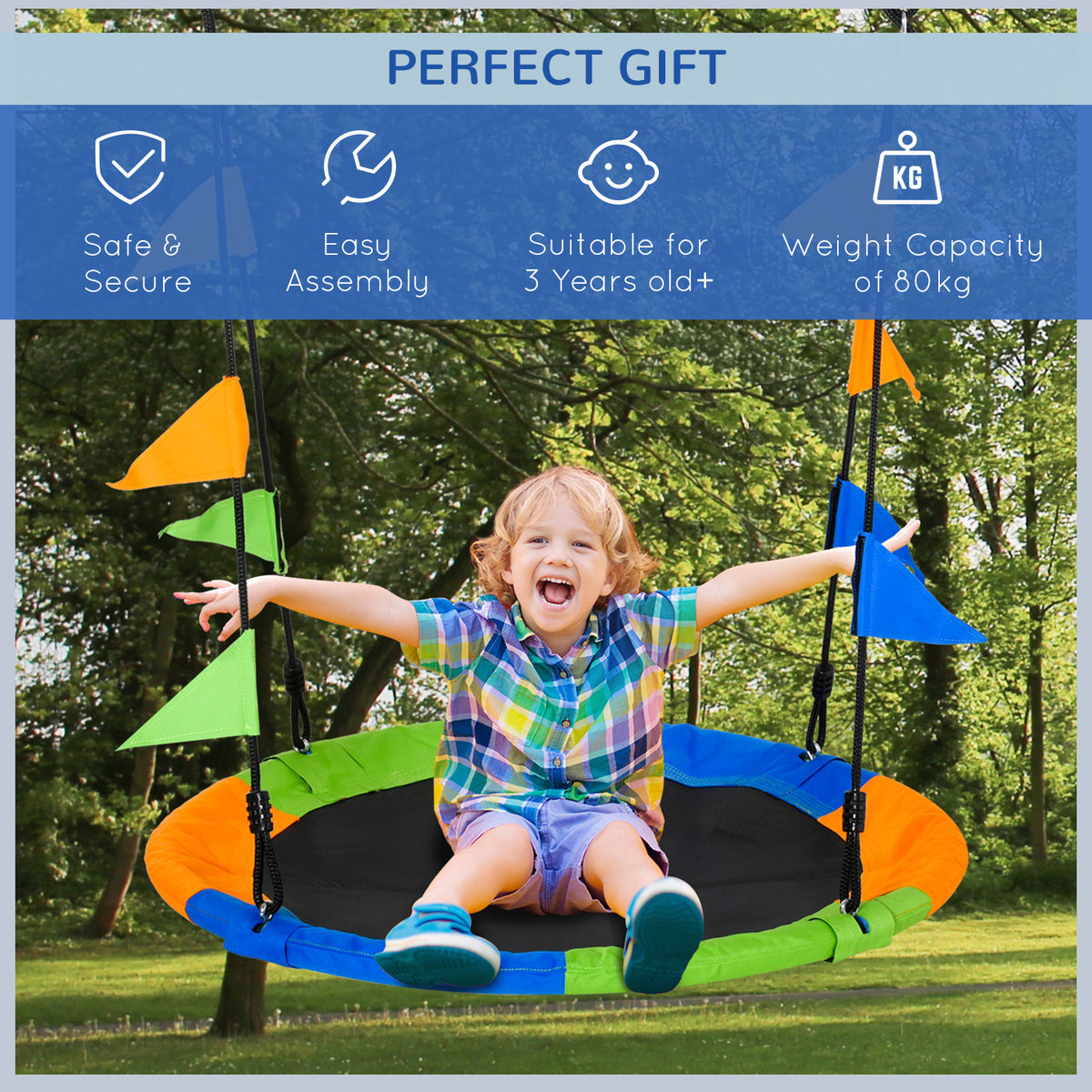 Kid Nest Swing Seat Saucer Tree Swing 40 Inch/100cm Adjustable Rope Outdoor Indoor for Kids Over 3 Years Old Multi-Colour