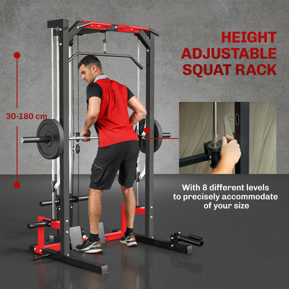 Cable Crossover Machine, Multi-Function Power Rack with Pull Up Bar, Lat Pull Down System, Squat Rack, Barbell Bar