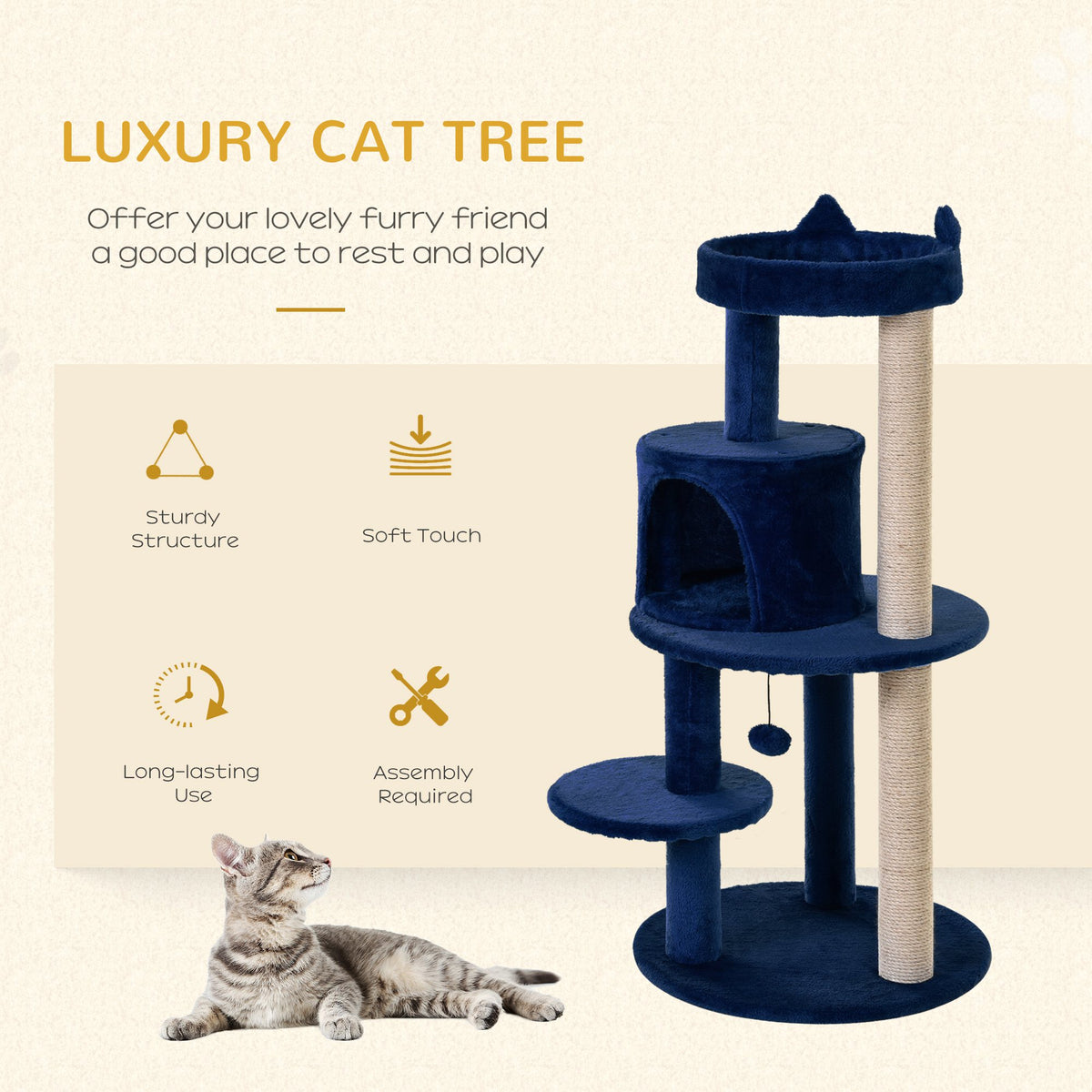 104 cm Cat Tree, Cat Condo Tree Tower, Cat Activity Centre with Scratching Posts, Plush Perches, Hanging Ball