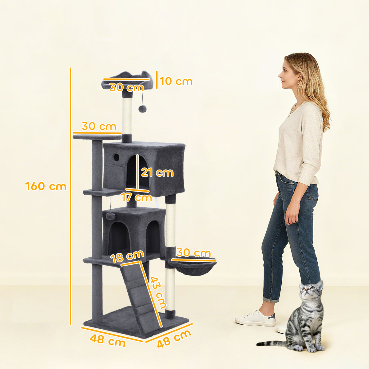 160cm Large Cat Tree Tower with Sisal Scratching Posts, Condos, Plush Perches, Hammock, Ladder, Dark Grey