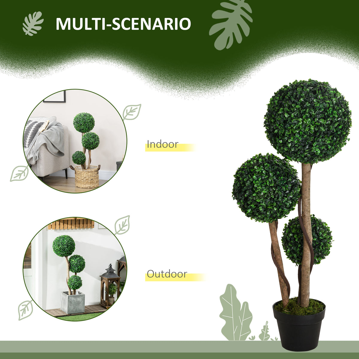 Decorative Artificial Trees Boxwood Ball Topiary Trees in Pot, UV-Cut Fake Plants for Home Indoor Outdoor Decor, 90 cm, Dark Green