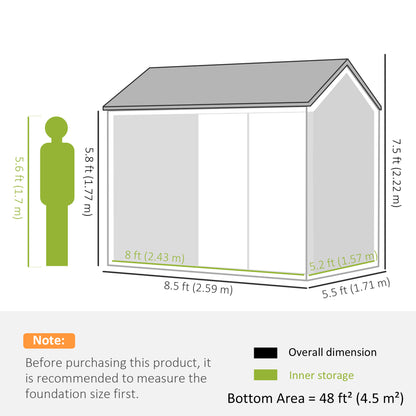 8 x 6 ft Galvanised Garden Shed, Outsoor Metal Storage Shed with Double Doors Window Air Vents, Grey