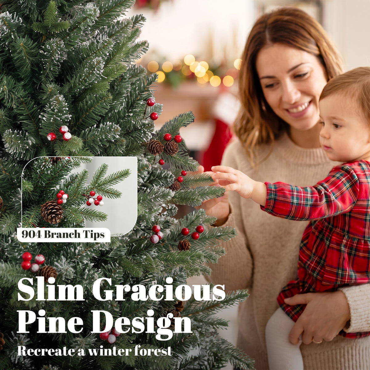 Slim Gracious Pine Xmas Tree, 7ft/210cm Artificial Christmas Tree with 904 Branch Tips, Foldable Steel Stand, Green