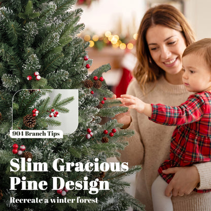 Slim Gracious Pine Xmas Tree, 7ft/210cm Artificial Christmas Tree with 904 Branch Tips, Foldable Steel Stand, Green