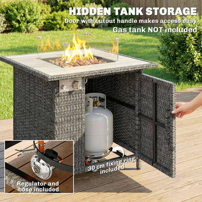 14.5 KW Rattan Gas Fire Pit Dining Table with Rain Cover, Wind Guard, Lid, Lava Rocks