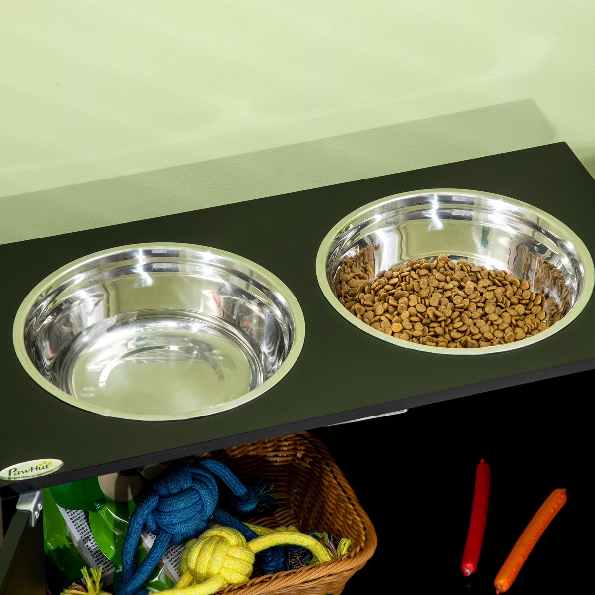 Raised Pet Feeder, with Two Bowls, Storage