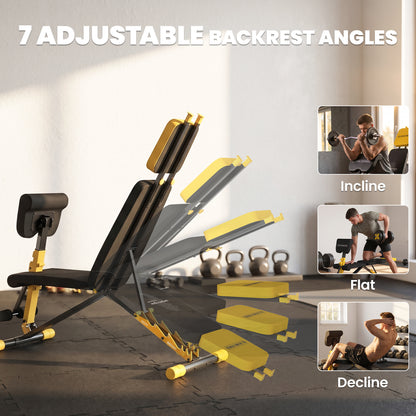 Adjustable Weight Bench for Home Gym, 300kg Incline Decline Flat Foldable Bench Press with 6 Backrest Positions, Yellow