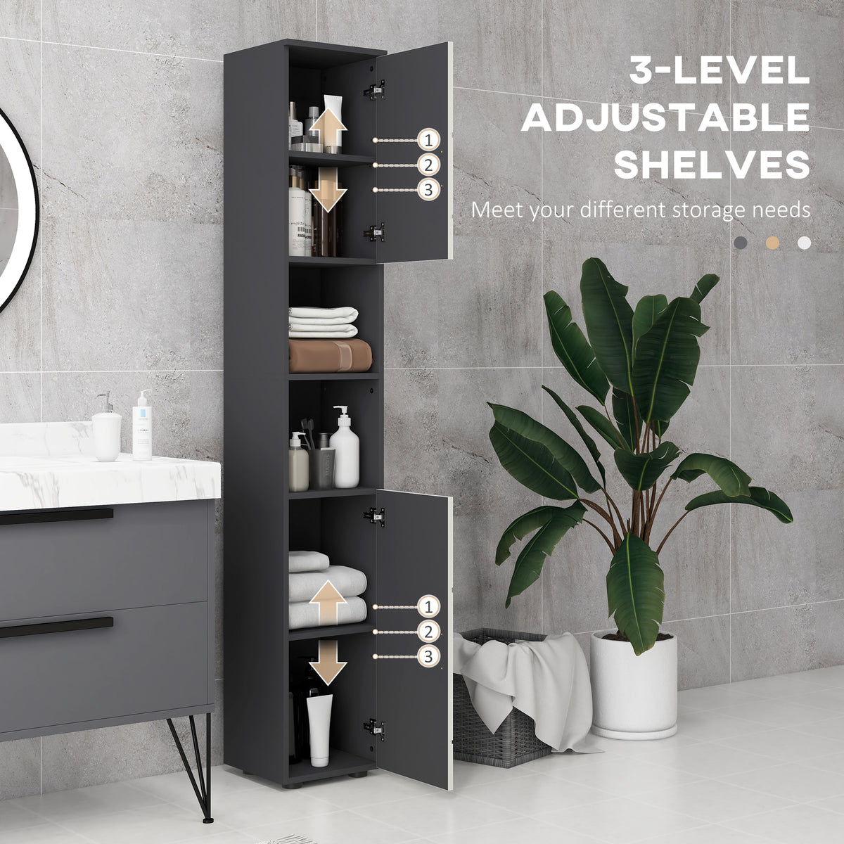 Line Embossed Tall Bathroom Storage Cabinet with Three-position Adjustable Shelves for Minimalist Style