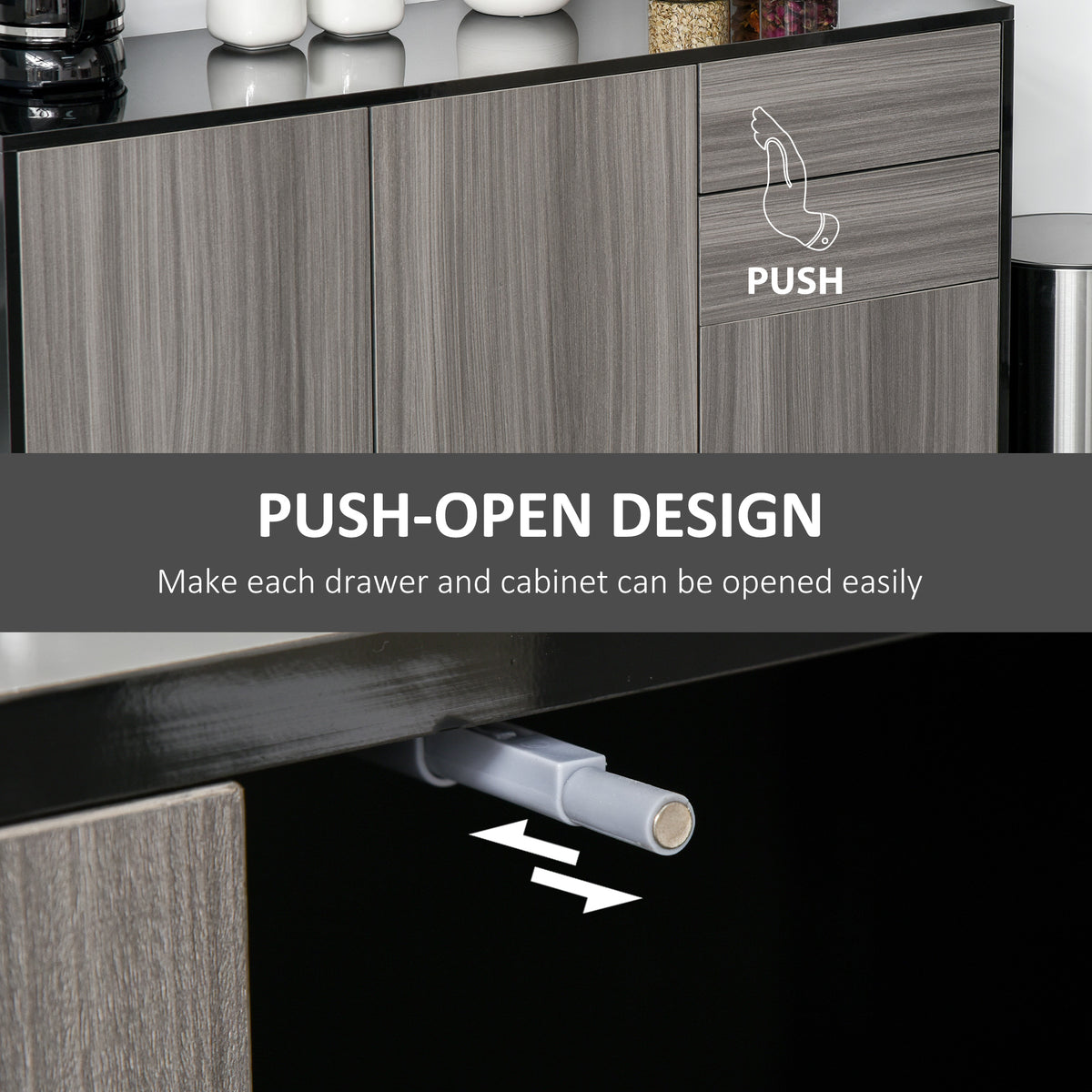 High Gloss Side Cabinet, Push-Open Design with 2 Drawers and 2 Cabinets for Living Room, 74H x 117W x 36Dcm