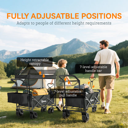 180L Festival Trolley on Wheels, Push & Pull Beach Cart with Removable Canopy, Wide All-Terrain Wheels, Folding Camping Trolley Cart, Adjustable Handle for Garden Fishing Shopping