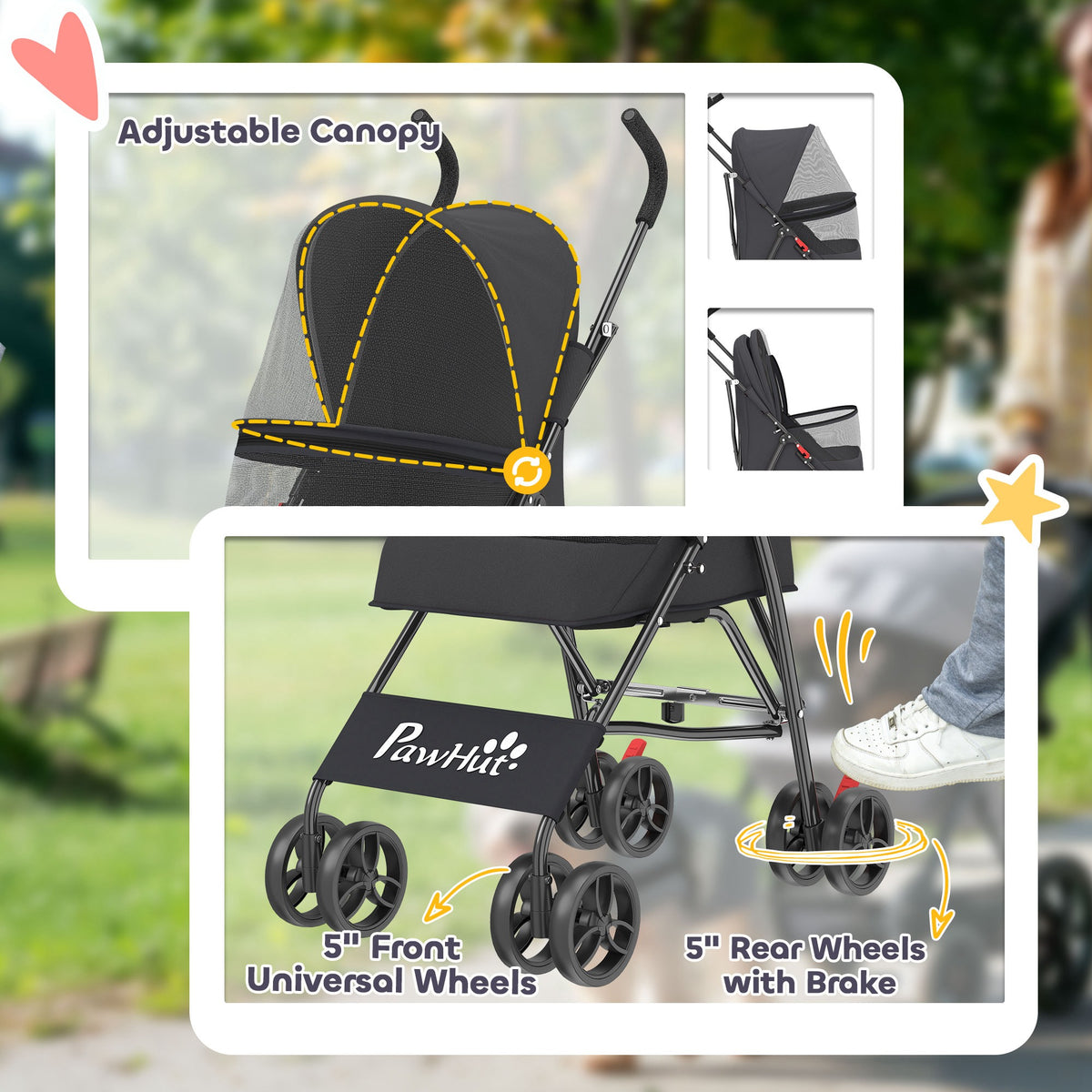Dog Stroller, Foldable Cat Dog Pram for Miniature Breeds, Pet Stroller with Brake, Mesh Windows
