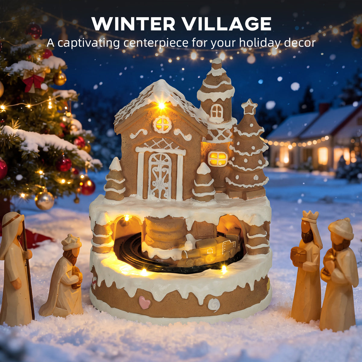 Christmas Gingerbread House, Lighted Musical Snow Village with Rotating Train, LEDs, Tunes, Battery Operated