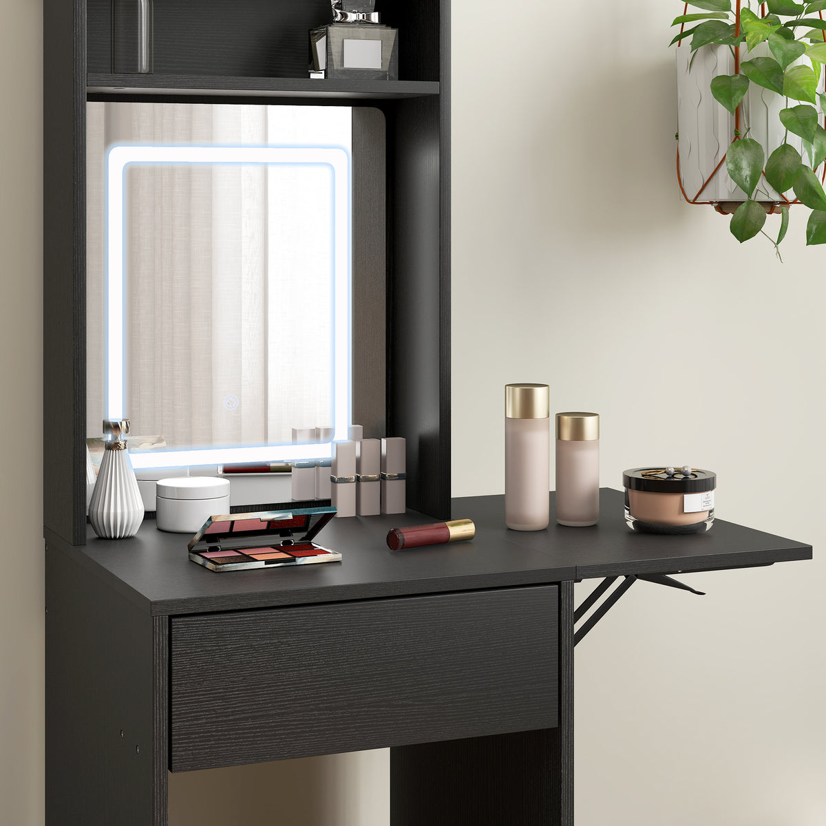 Small Vanity Desk with Mirror and LED Lights, Compact Dressing Table with Drop Leaf, Open Shelves and Drawer