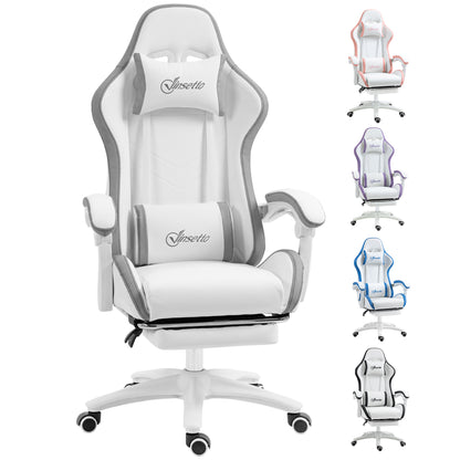 Computer Gaming Chair, PU Leather Desk Chair with Footrest, Swivel Task Chair with 135° Reclining Back and Lumbar Support, PC Chair for Adults, White and Grey