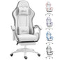 Computer Gaming Chair, PU Leather Desk Chair with Footrest, Swivel Task Chair with 135° Reclining Back and Lumbar Support, PC Chair for Adults, White and Grey