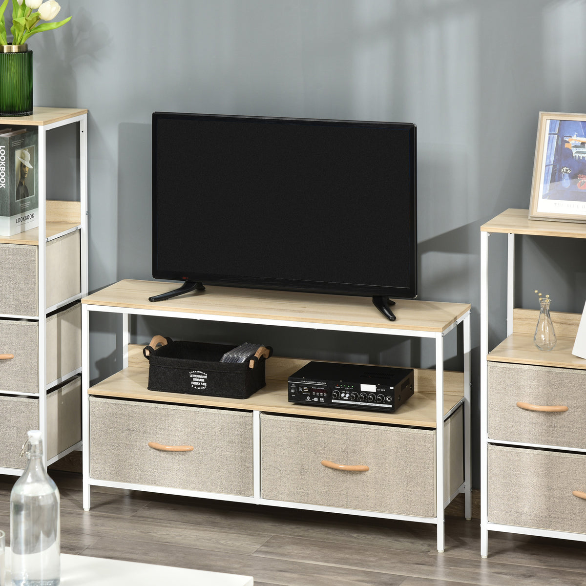 TV Stand Cabinet with 2 Foldable Drawers - Maple Colour