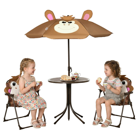 Kids Bistro Table and Chair Set, Outdoor Folding Garden Furniture w/Monkey Design, Removable, Adjustable Sun Umbrella, Ages 3-6 Years - Brown
