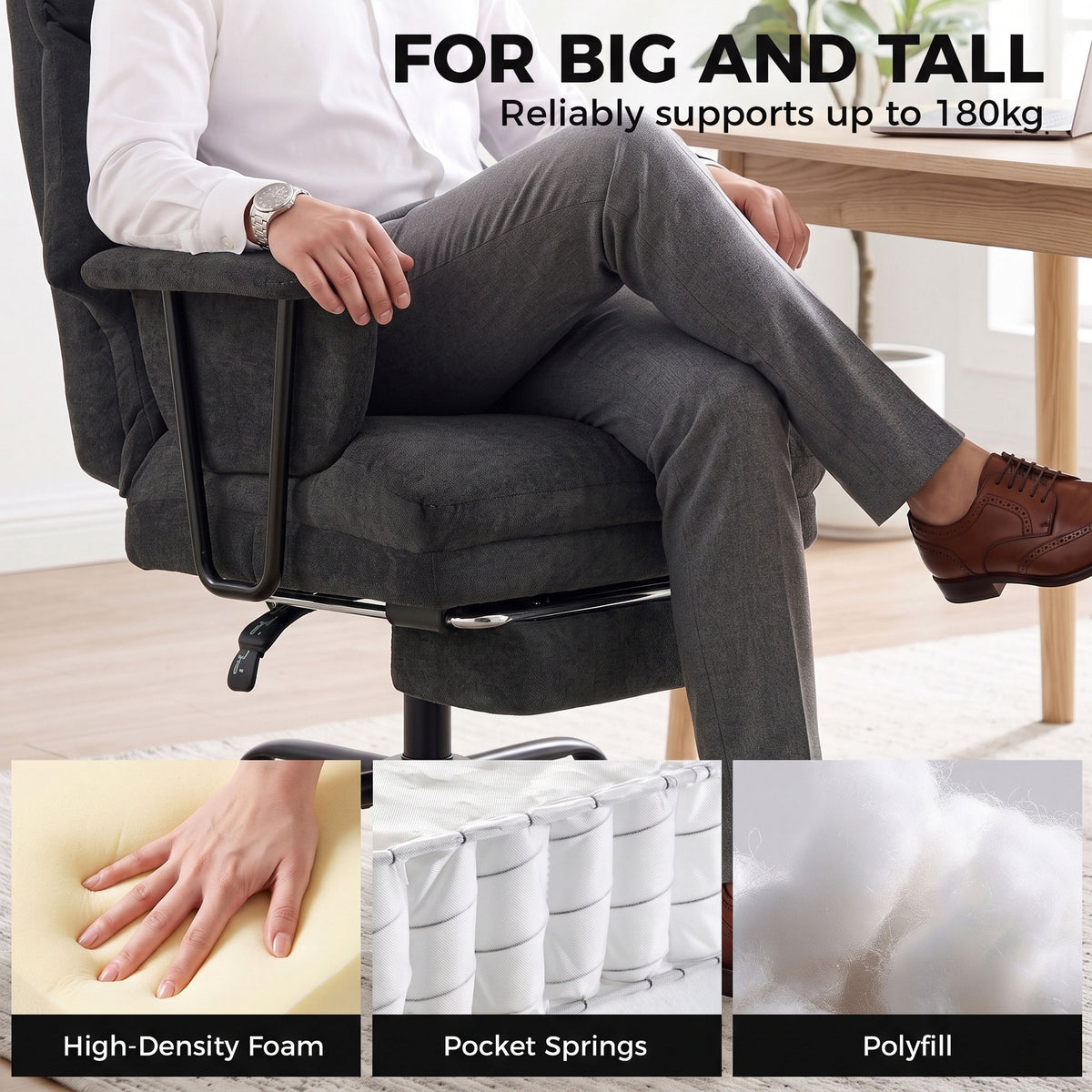Office Chair, 180kg Heavy Duty Linen Computer Desk Chair with Lumbar Support, Wide Seat, Spring Cushion