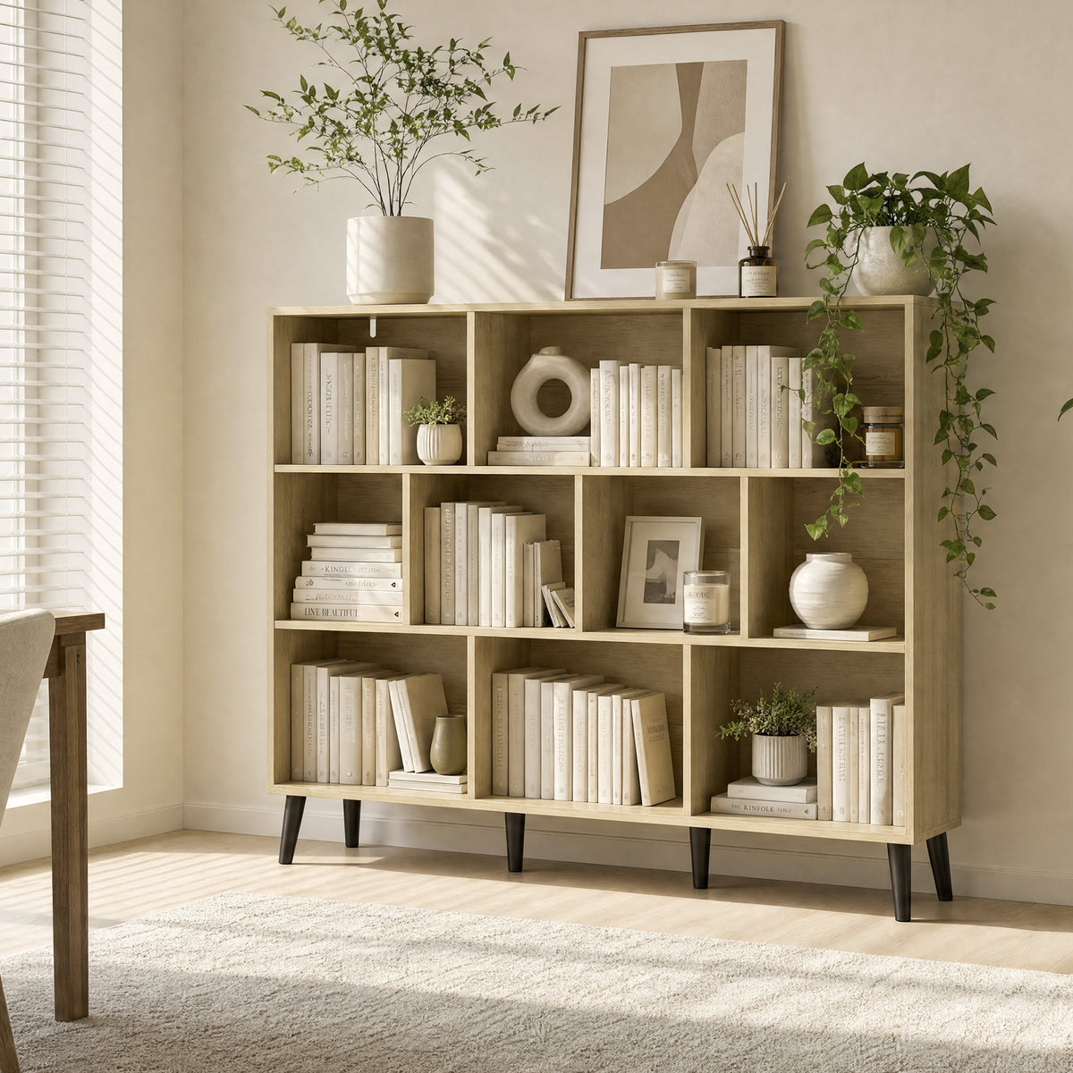 10-Cube Bookcase, 3-Tier Book Shelf with Solid Wood Legs, 140 cm Modern Bookshelf with Anti-Tip Kit