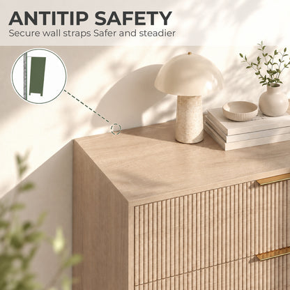 Bedroom Chest of Drawers with 4 Drawers, Fluted Dresser with Gold Tone Handles, Storage Cabinet, Natural