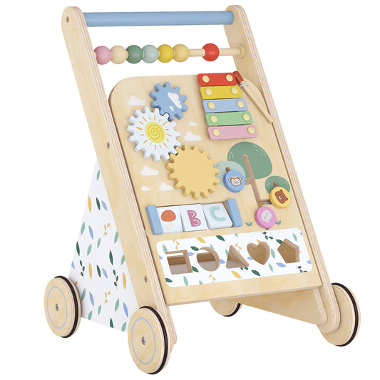 Wooden Baby Walker, Toddler Push Along Walker with Speed Control, Activity Centre and 5 Blocks for 18 Months+, Natural