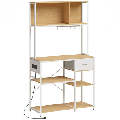 Kitchen Storage Rack with Power Outlet, USB and Type-C Ports, Drawer, Shelves and 4 Hooks, Oak and White