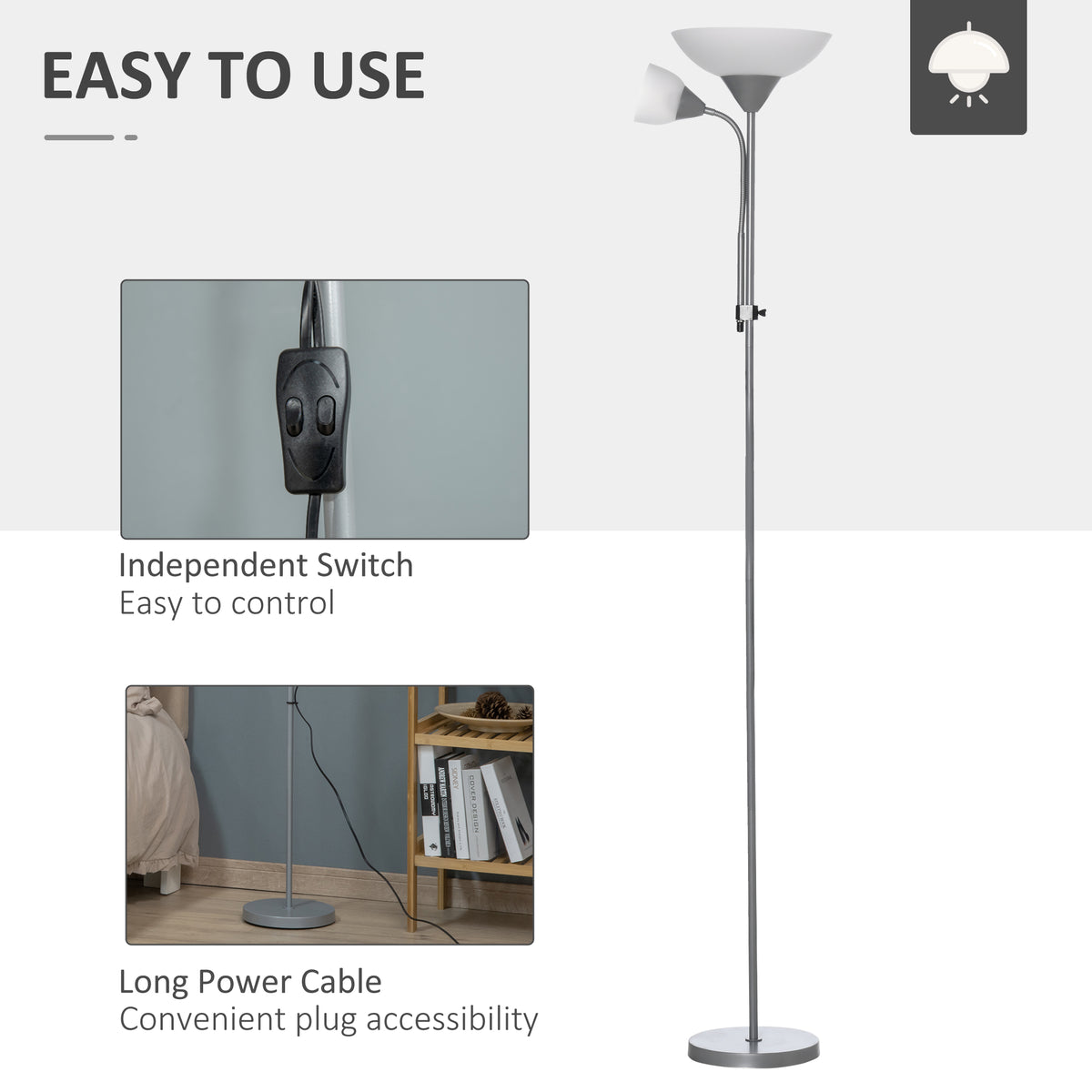 LED Floor Lamp for Living Room, 180cm Tall Standing Lamp, Mother and Child Uplighter with Adjustable Gooseneck