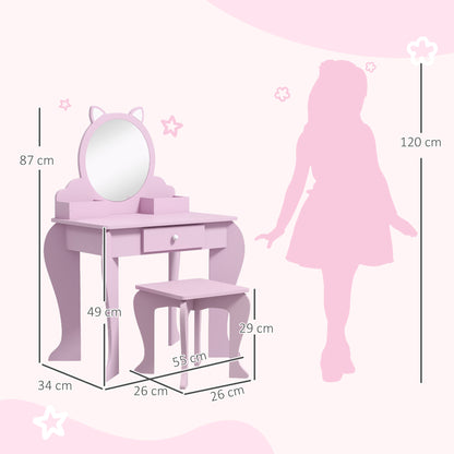 Kids Vanity Table with Mirror, Stool, Drawer, Storage Boxes, Cat Design, for Ages 3-6 Years - Pink