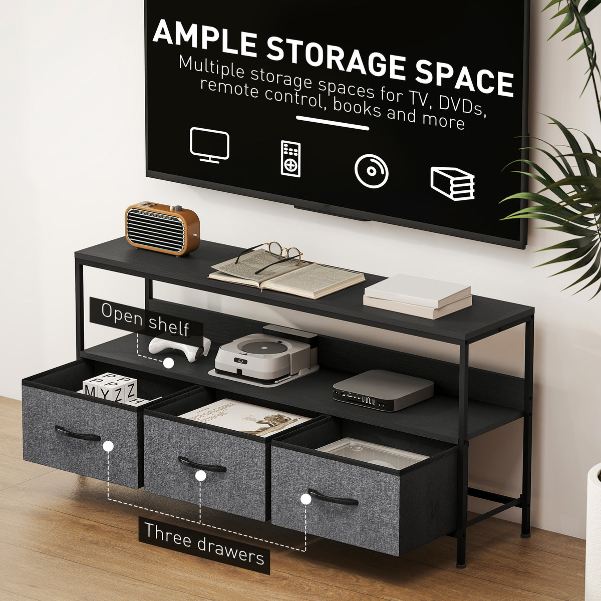 TV Stand Cabinet with 3 Foldable Drawers - Black