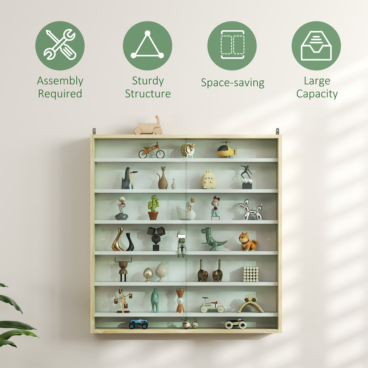 7-Tier Wall Display Shelf Unit Cabinet w/ 6 Adjustable Shelves Glass Doors Home Office Ornaments 83x80cm, Oak