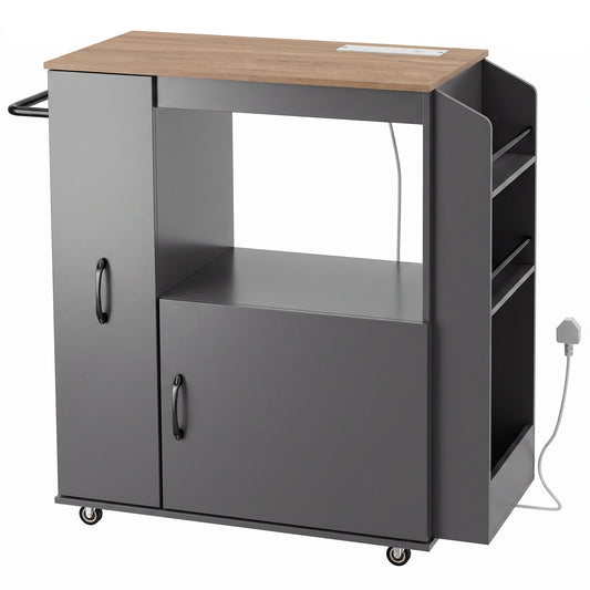 Kitchen Trolley on Wheels, Rolling Kitchen Island Cart with Power Outlet, Cabinet, Pull-Out Drawer