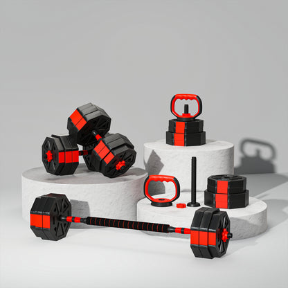 6-in-1 Adjustable Weight Dumbbells Set, Used as Kettlebell, Barbell, Dumbbell, Push-Up Stand, 30kg Free Weights Set for Men and Women Home Gym Training, Red