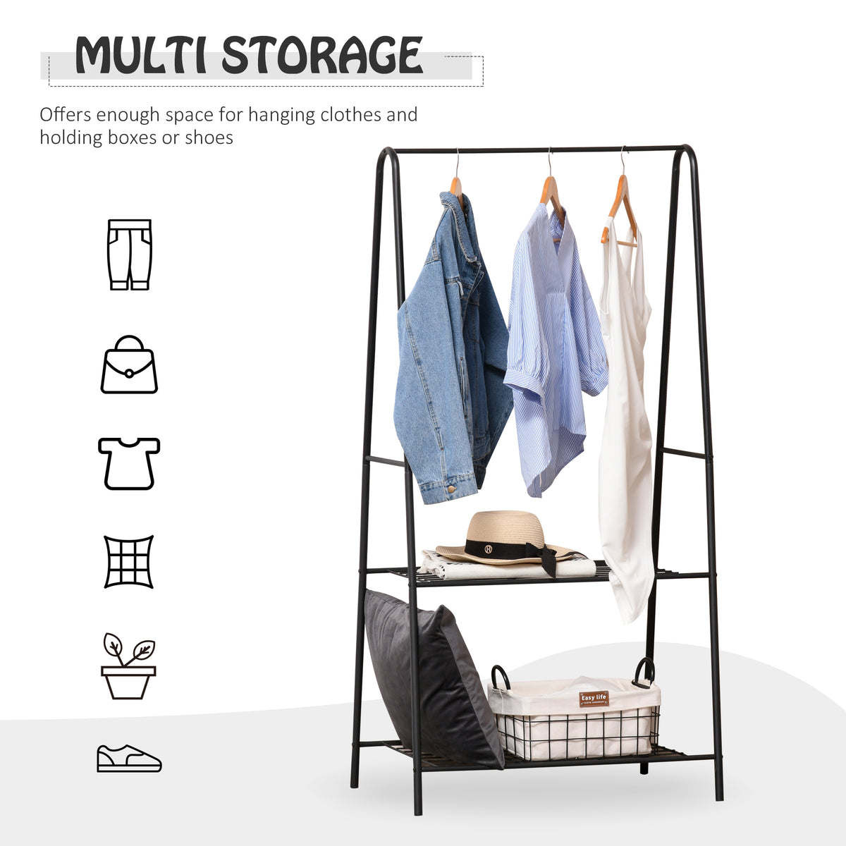 Metal Clothes Rack Coat Garment Hanger Hallway Organiser Hanging Rail Stand 2-tier Shoe Shelving A Shaped 77W x 45D x 153H cm Black