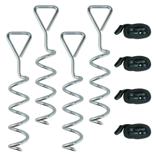 4Pcs Trampoline Anchor Kit, 32 cm Galvanised Trampoline Stakes, Spiral Ground Anchors with Triangle Head, Straps