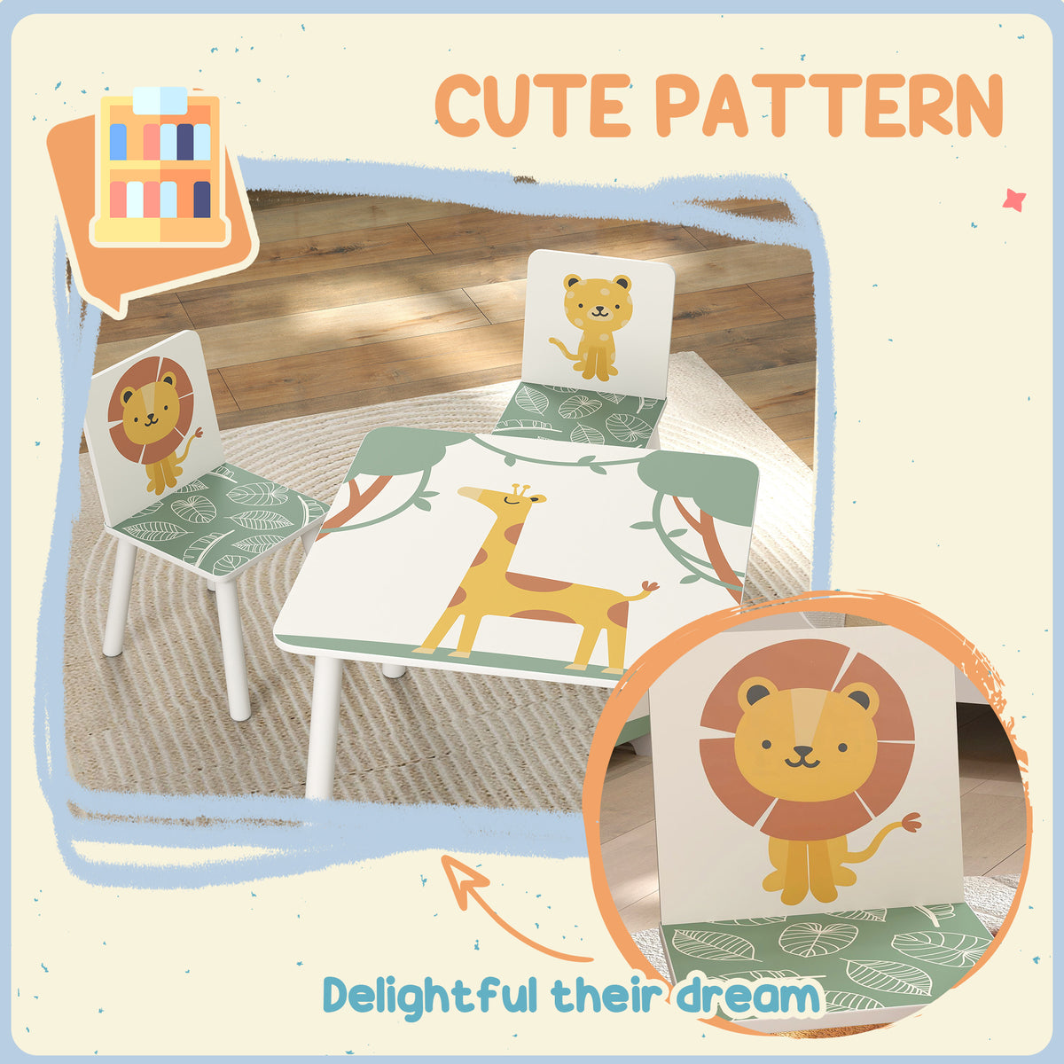 3-Piece Toddler Table and Chair Set, Kids Table with 2 Chairs Set for Bedroom, Nursery, Playroom
