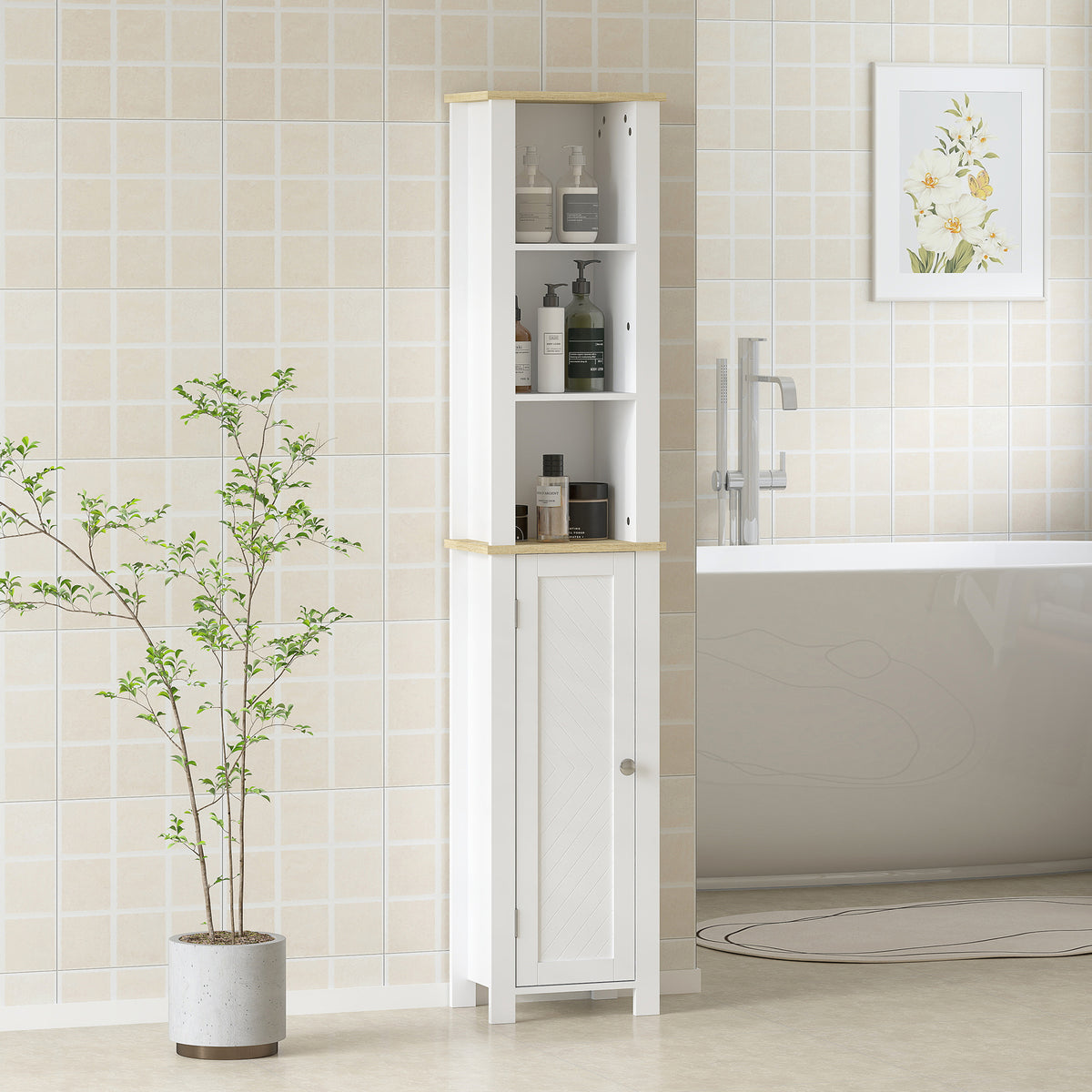 Slim Bathroom Storage Unit with Open Compartment, Bathroom Storage Cabinet with Adjustable Shelf, 34 x 23 x 165 cm, White