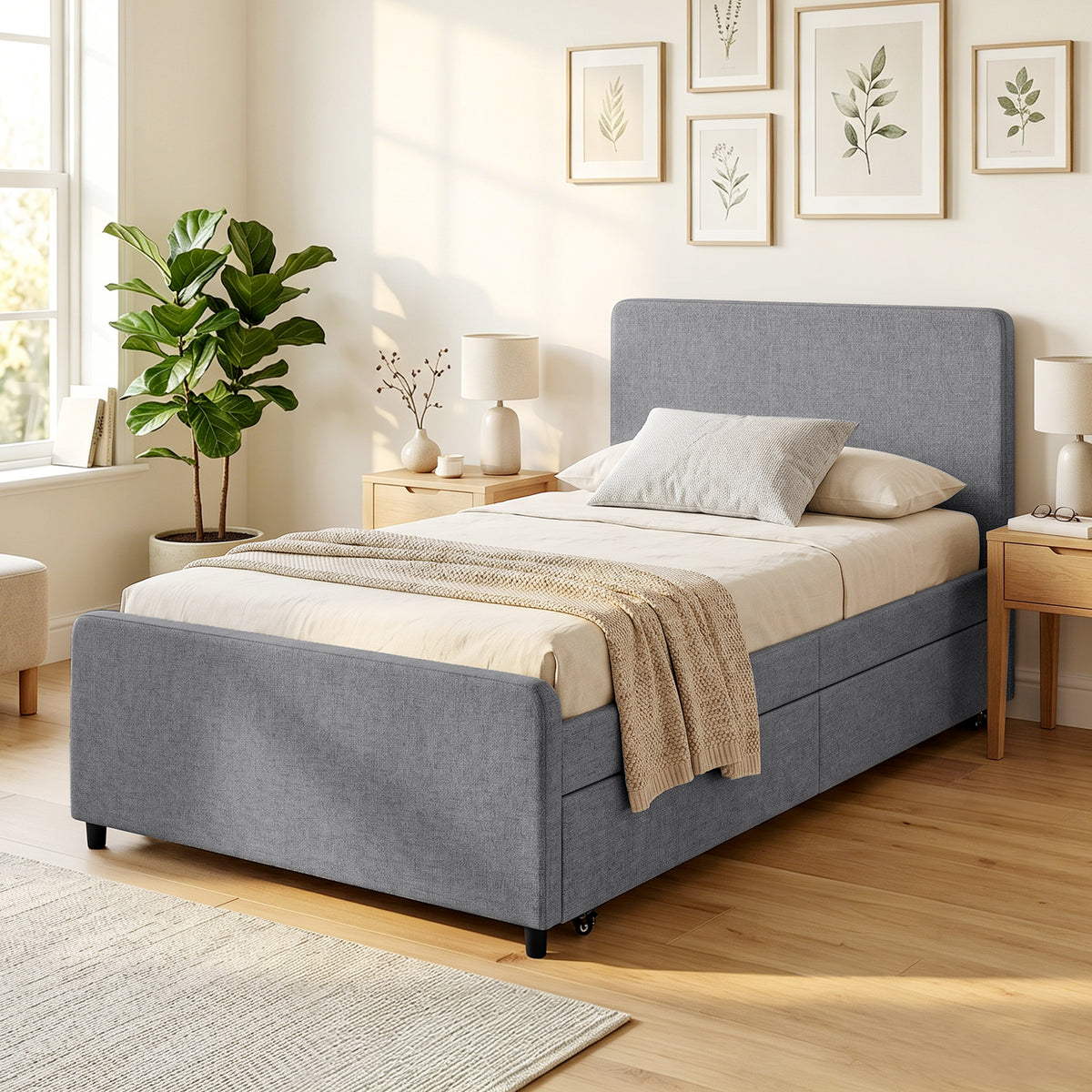 3ft Single Bed Frame with Trundle, Upholstered Pull Out Trundle Bed with Headboard and Footboard