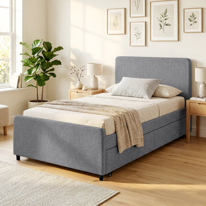 3ft Single Bed Frame with Trundle, Upholstered Pull Out Trundle Bed with Headboard and Footboard
