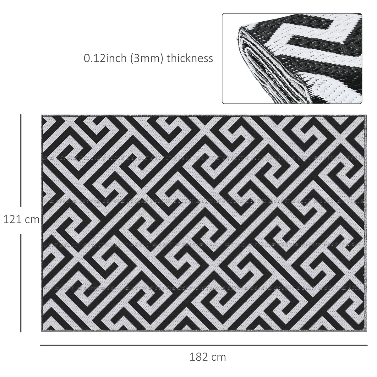 Outdoor Rug Reversible Mat Plastic Straw Rug Portable RV Camping Mat for Garden Deck Picnic Indoor, 121 x 182 cm (4 x 6 ft), Black & White