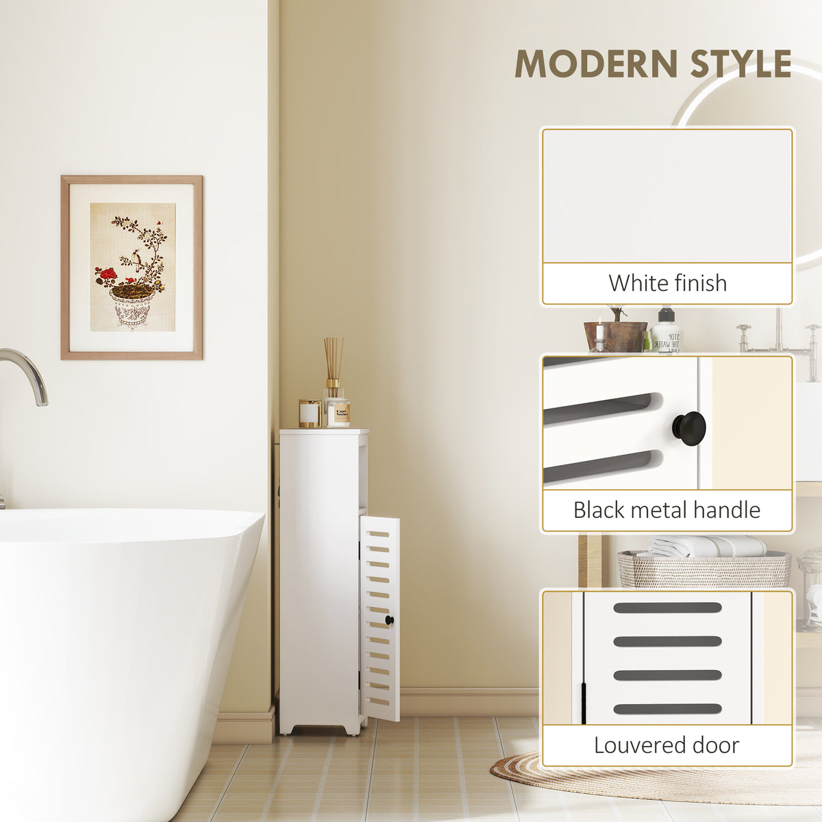 Bathroom Floor Cabinet, Bathroom Storage Unit with Louvered Door, Open Shelf, Adjustable Shelf, White, 22 x 20 x 75 cm