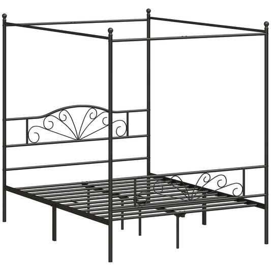 Canopy Bed Frame Double Size, Metal Platform Bed Frame with Headboard and Footboard, Underbed Storage, Black