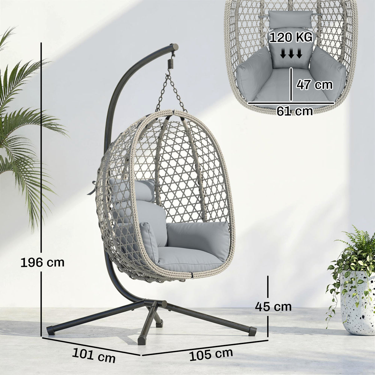 Hanging Egg Chair, Indoor Outdoor Rattan Hammock Swing Chair with Stand, Safety Strap, Foldable Basket