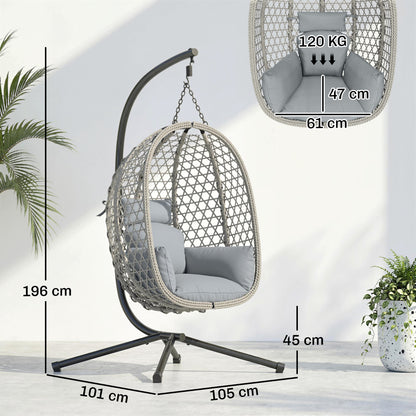 Hanging Egg Chair, Indoor Outdoor Rattan Hammock Swing Chair with Stand, Safety Strap, Foldable Basket