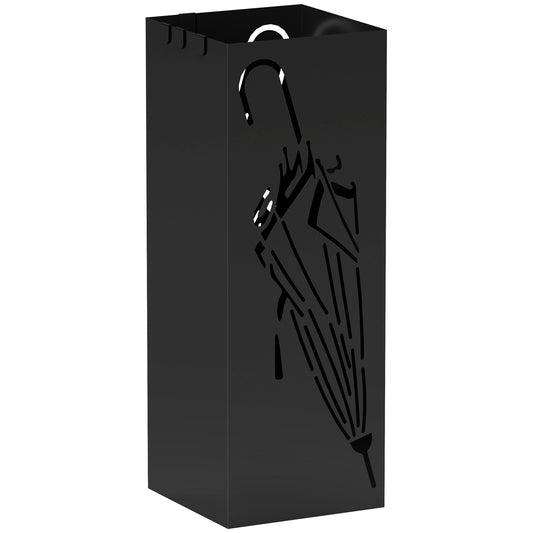 Metal Umbrella Stand, Square Umbrella Holder with 4 Hooks and Removable Drip Tray, Decorative Umbrella Storage Rack for Entryway, Hallway, 15.5 x 15.5 x 41 cm, Black