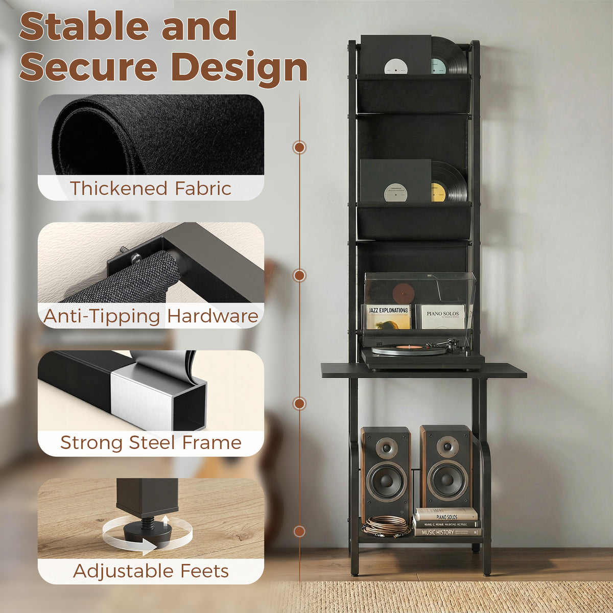 Vinyl Record Player Stand Record Storage with Player Stand Oxford Fabric Pockets Bottom Shelf