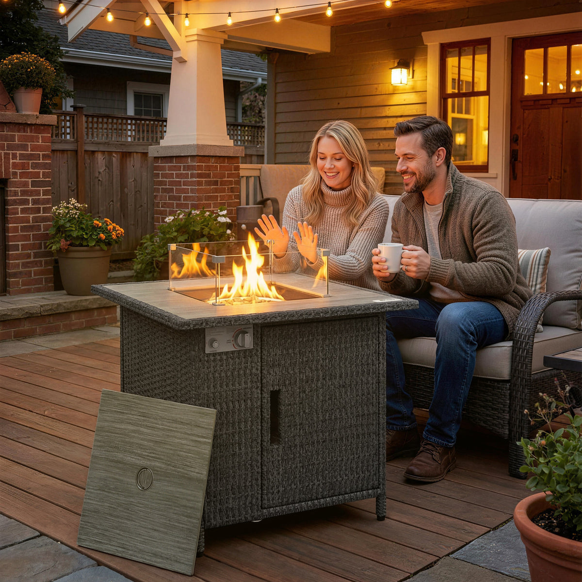 14.5 KW Rattan Gas Fire Pit Dining Table with Rain Cover, Wind Guard, Lid, Lava Rocks